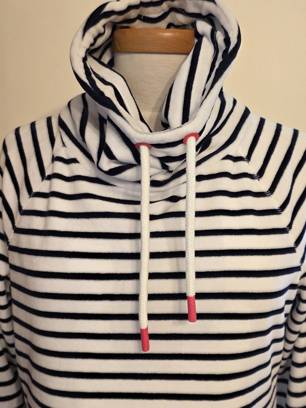 Joules Navy & White Nautical Striped Funnel Neck Sweater with Pink Drawcord Tips